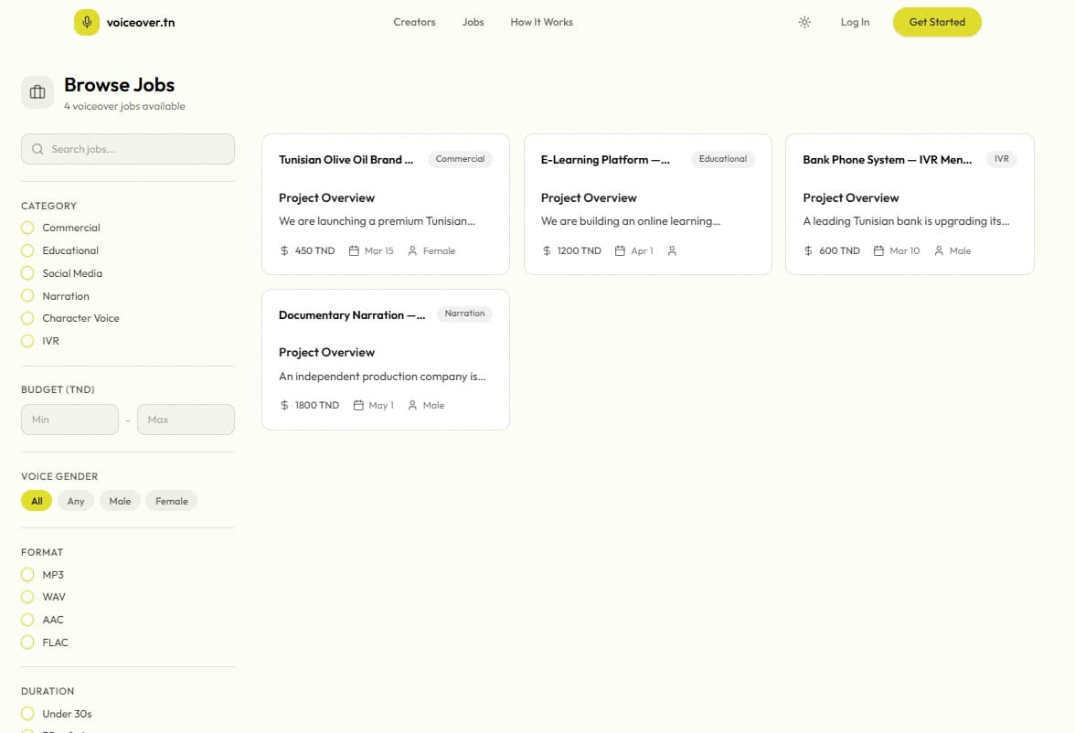 Browse voiceover jobs on voiceover.tn