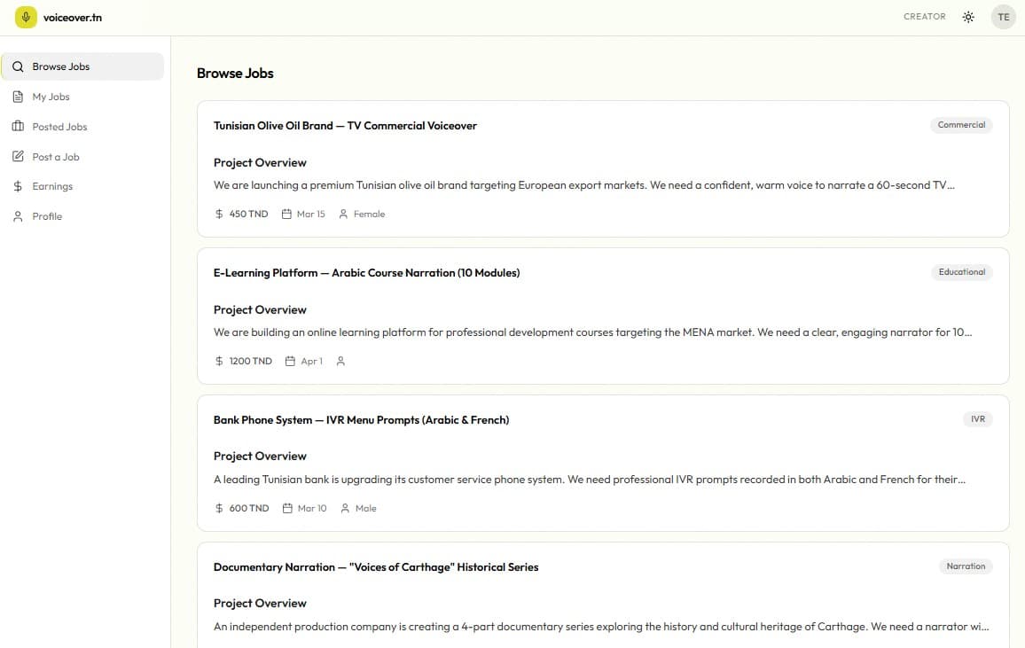 Creator browsing available voiceover jobs